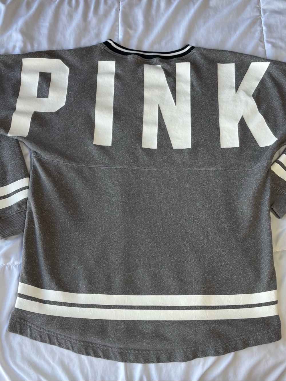 PINK Victoria's Secret Gray Short Sleeve Logo Top with White Stripes